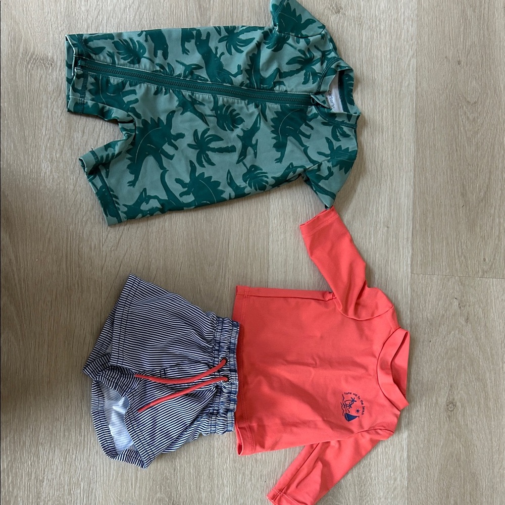 Dinosaur Print and Coral Top Navy stripe swim suit Set